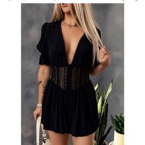 Urban Outfitters black sheer lace cutout scalloped v-neck romper Small Petite